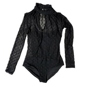 Three Hearts Mockneck Black Dot Mesh Snap Button Bodysuit - Size Small